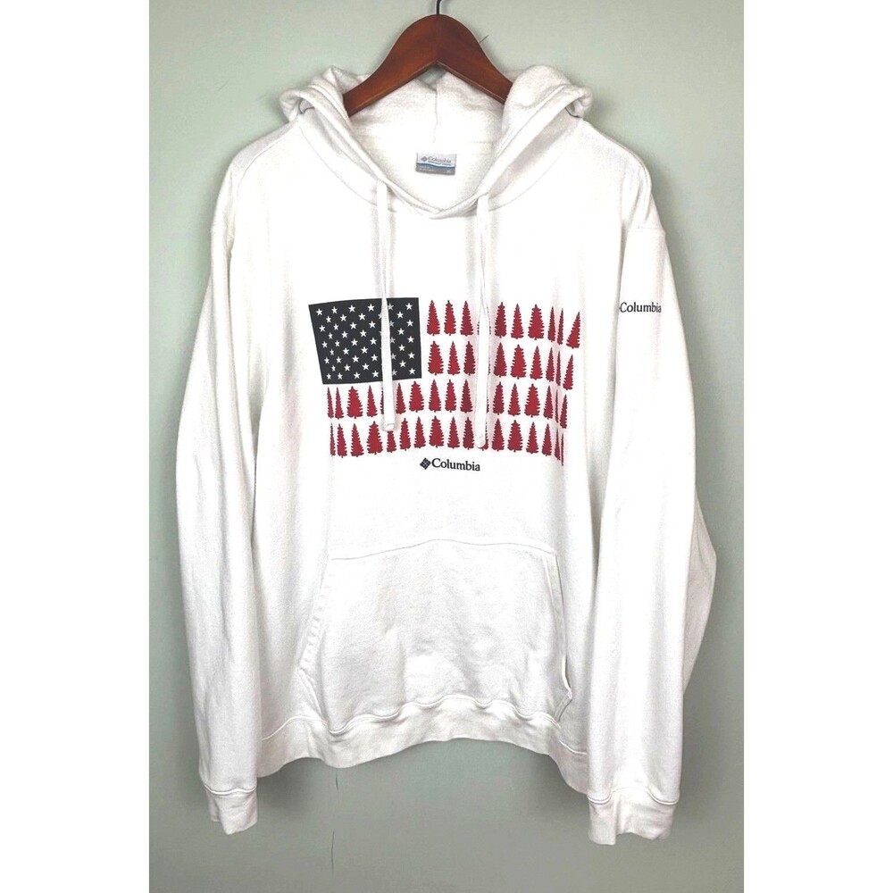 Columbia PFG Americana Hoodie Mens Sz XL Flag Trees Graphic White Sweatshirt